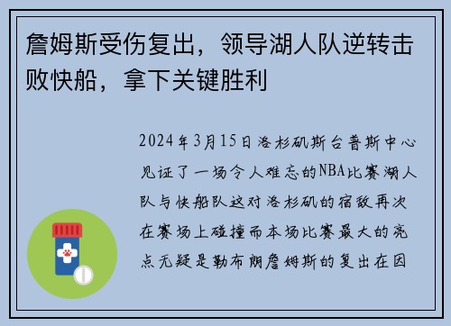 詹姆斯受伤复出，领导湖人队逆转击败快船，拿下关键胜利